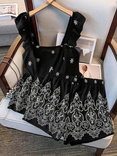 Franclia 2pcs Set: Sheer Mesh Jacket & Floral Print Cami Dress