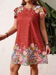 SHEIN LUNE 大码休闲假日花卉蝴蝶印花镂空领连衣裙 情人节 - 紅色 - 查看 6