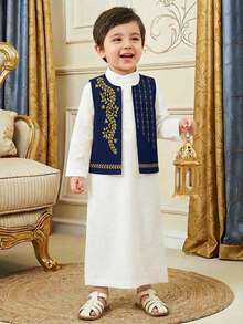 SHEIN 2pcs/Set Vintage Star & Moon Print Vest + Stand Collar Long Shirt, Casual Outfit For Young Boys, Suitable For School, Birthday, Spring, Summer, Autumn - Multicolor - View 1