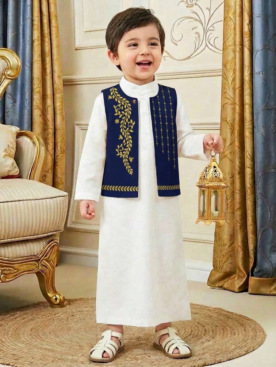 SHEIN 2pcs/Set Vintage Star & Moon Print Vest + Stand Collar Long Shirt, Casual Outfit For Young Boys, Suitable For School, Birthday, Spring, Summer, Autumn - Multicolor - View 1