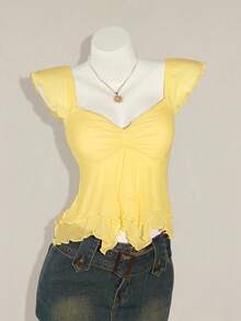 SHEIN ICON Áo tank top nữ dáng ôm, xếp ly phía trước, phối lưới, tay ngắn, hở lưng, thích hợp mặc đi nghỉ mát. - Vàng nhạt - Xem 6