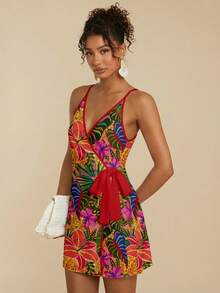 Travachic Đầm ngắn nữ kiểu dáng nghỉ dưỡng thoải mái, họa tiết hoa nhiệt đới và da báo, thắt eo bên hông, thích hợp cho kỳ nghỉ, kiểu dáng đa năng, dễ phối đồ theo phong cách đảo. - trắng - Xem 5