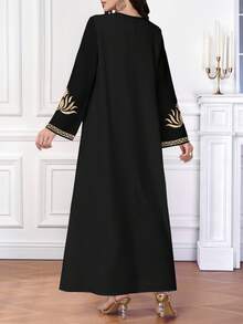 Al Najma Women's Elegant Arabic Style V-Neck Long Sleeve Dress, Black With Golden Lotus Embroidery-Like Print, Suitable For Spring/Summer - Multicolor - View 2