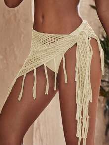 Swim Vcay 女士流苏钩编扭结针织罩衫，棕色，性感沙滩/音乐节风格，春夏款 - 米色 - 查看 3
