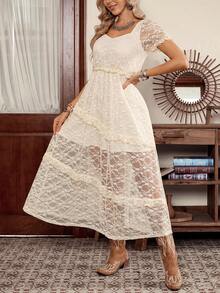 LanaWest Women's Casual Apricot Lace Sweetheart Collar Short Sleeve Waist Splicing Ruffle Hem Dress, Spring/Summer - Apricot - View 7