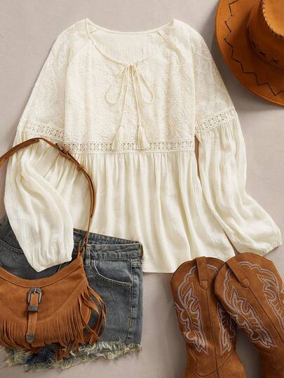 LanaWest 西式圆领流苏绳饰蕾丝镂空花卉拼接薄纱褶皱A字百搭女式衬衫，春夏款