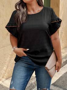 SHEIN LUNE Black Plus-Size Blouse - Crew Neck, Ruffled Puff Sleeves, Contrast Trim & Textured Fabric, Fashionable Casual Spring & Summer Shirt - Black - View 4