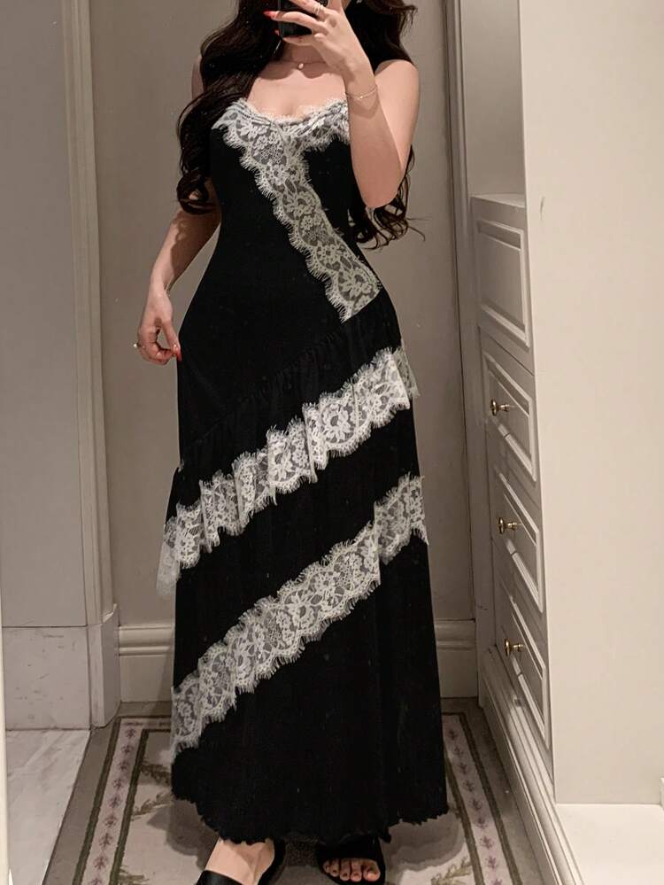 Charming Color Block Lace Patchwork Waist Cinched Sleeveless Wide Strap Long Women Nightgown
