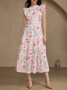 DAZY Elegant blommig spetsklänning med volangkrage och mellanlång krage för kvinnor, vår-/sommarklänning för bröllopsgäster, sommarklänning - Rosa - Visa 4