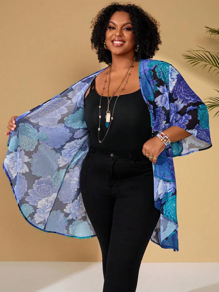 Plus Size Women's Summer Casual Vacation Floral Print Casual Vacation Jacket,Flower Print, Early Spring,Spring Break, Vacation Women, Holiday For Women,Spring Women,Going Out,2026 New,Simple And Fashionable For Everyday Wear, Curve Kimono, Plus Size Kimono, Summer Cardigan Plus Size, Plus Size Cardigans
