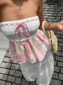 Sunnyshic 女士波西米亚风印花拼接针织系带蝴蝶结抹胸上衣，适合度假、秋冬季穿着 - 粉色 - 查看 2