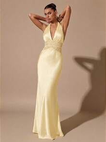 SHEIN BAE 黑色性感深V领蕾丝拼接鱼尾缎面连衣裙，适合鸡尾酒会、浪漫约会、聚会、正式活动、伴娘礼服、晚礼服、圣诞节、新年、情人节、下午茶会、黑色连衣裙、小黑裙 - 黃色 - 查看 4