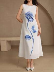 DAZY Women's Elegant Floral Print Round Neck Sleeveless Mid-Length Dress, Summer Wedding Guest Dress - Blue - View 1
