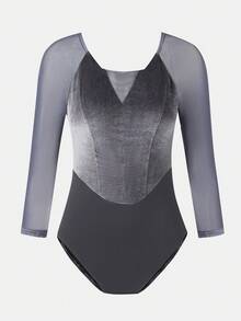 SHEIN Teen Girls Elegant Purple Ballet Leotard, Featuring Soft Velvet Fabric And Silky Mesh Panels - Grey - View 5