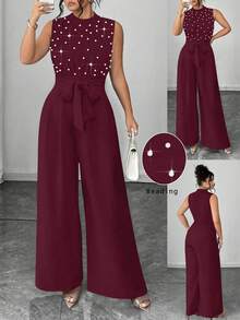 Elenzga Plus Size Elegant Beaded Sleeveless Round Neck Top And Straight Leg Jumpsuit - Burgundy - View 1