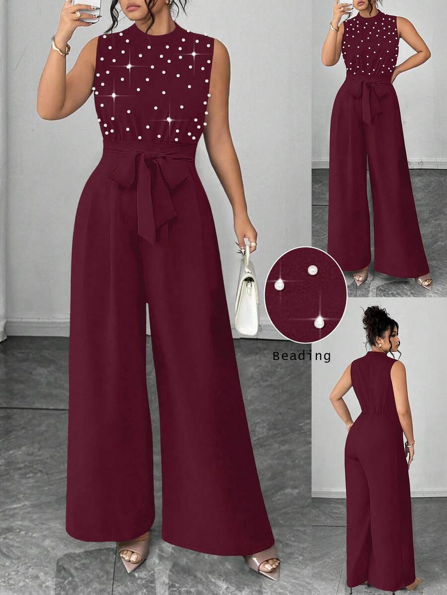 Elenzga Plus Size Elegant Beaded Sleeveless Round Neck Top And Straight Leg Jumpsuit - Burgundy - View 1