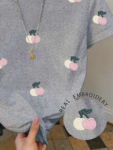 Resyla Women's Casual Cherry Embroidery Short Sleeve T-Shirt, Summer - Grey - View 5