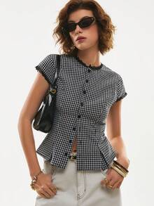 Poéselle 女士休闲格子蕾丝边衬衫，夏季 - 黑與白 - 查看 7