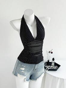 Elamini 女士黑色波点露背修身上衣，适合野餐、约会和休闲穿着 - 黑色 - 查看 4