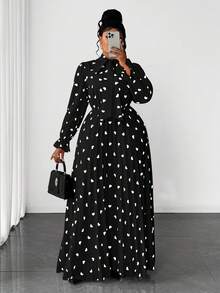 Maweii 大码波点印花荷叶边情人节休闲连衣裙 - 黑色 - 查看 3