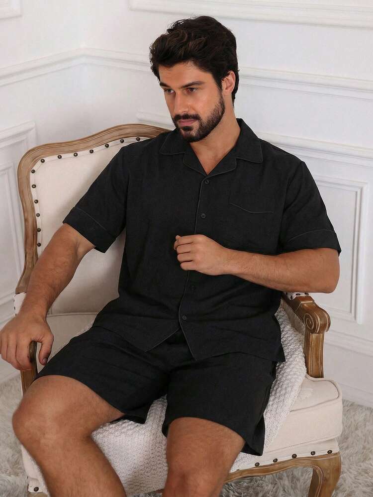 Men's Solid Color Shirt And Loungewear Set, Summer