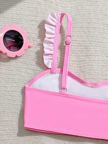 SHEIN Young Girl Mermaid Scale Print Ruffle Trim Bikini With Beach Skirt - Hot Pink - View 5