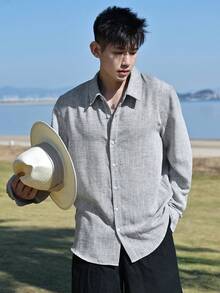 DAZY Áo sơ mi nam thêu, màu xám, tay dài, thích hợp cho mùa xuân/hè. - Xám - Xem 3