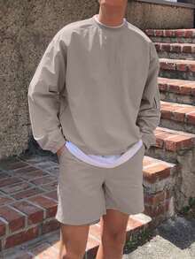 DAZY Men's Solid Gray Woven Long Sleeve Pullover Sweatshirt And Shorts Set, Spring/Summer - Grey - View 3