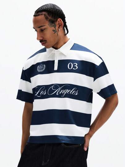 SUMWON Camisa polo a rayas con estampado de Los Ángeles y paneles de hombros contrastantes, cuello, botones en la abertura, manga corta, corte regular