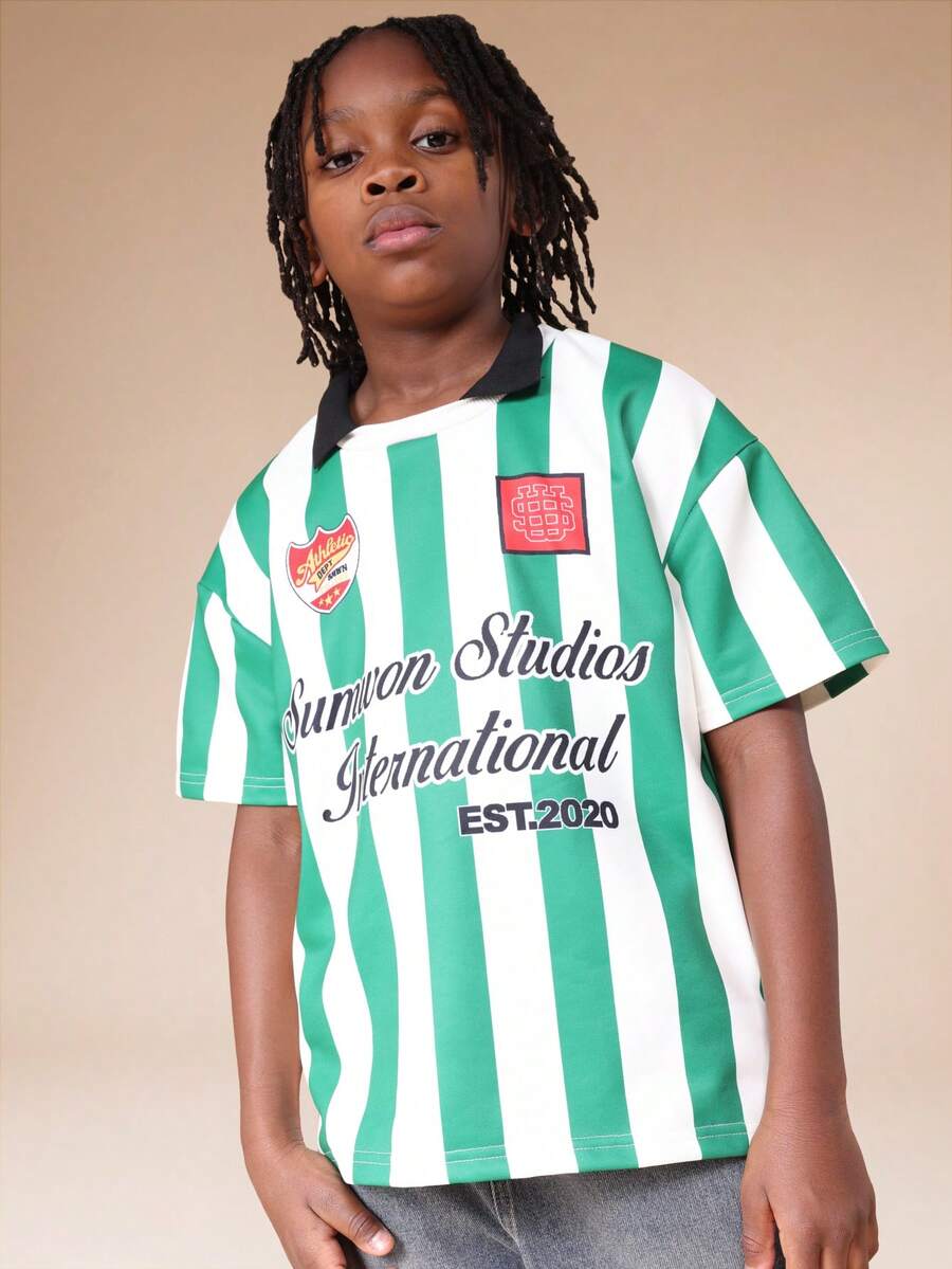 SUMWON Striped Polo Shirt With Vertical Green White Pattern Short Sleeve Collared Top Studios International Print Regular Fit Summer Casual Wear - Green - View 1