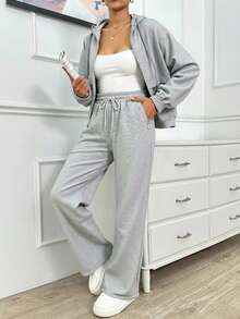EURMUSE HAI MẢNH ÁO HOODIE HAI CHỈ ÁO THUN VÀ QUẦN LEN CÓ CHI TIẾT ĐÁ LẤP LÁNH - Màu Xám nhạt - Xem 1