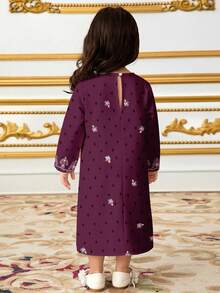 SHEIN Purple Floral Kids Jalabiya, Elegant Vintage Floral Embroidered, Baby Girl Casual Minimalist Traditional Long Sleeve Arabic Dress Suitable For Spring/Summer, Elegant Modest Long Sleeve Dress, Prayer Abaya, Easy Comfort, Casual Wear, Vacay Vibes, Modest Kaftan, Kids Jalabiya, Baby Girl Jalabiya - White - View 2