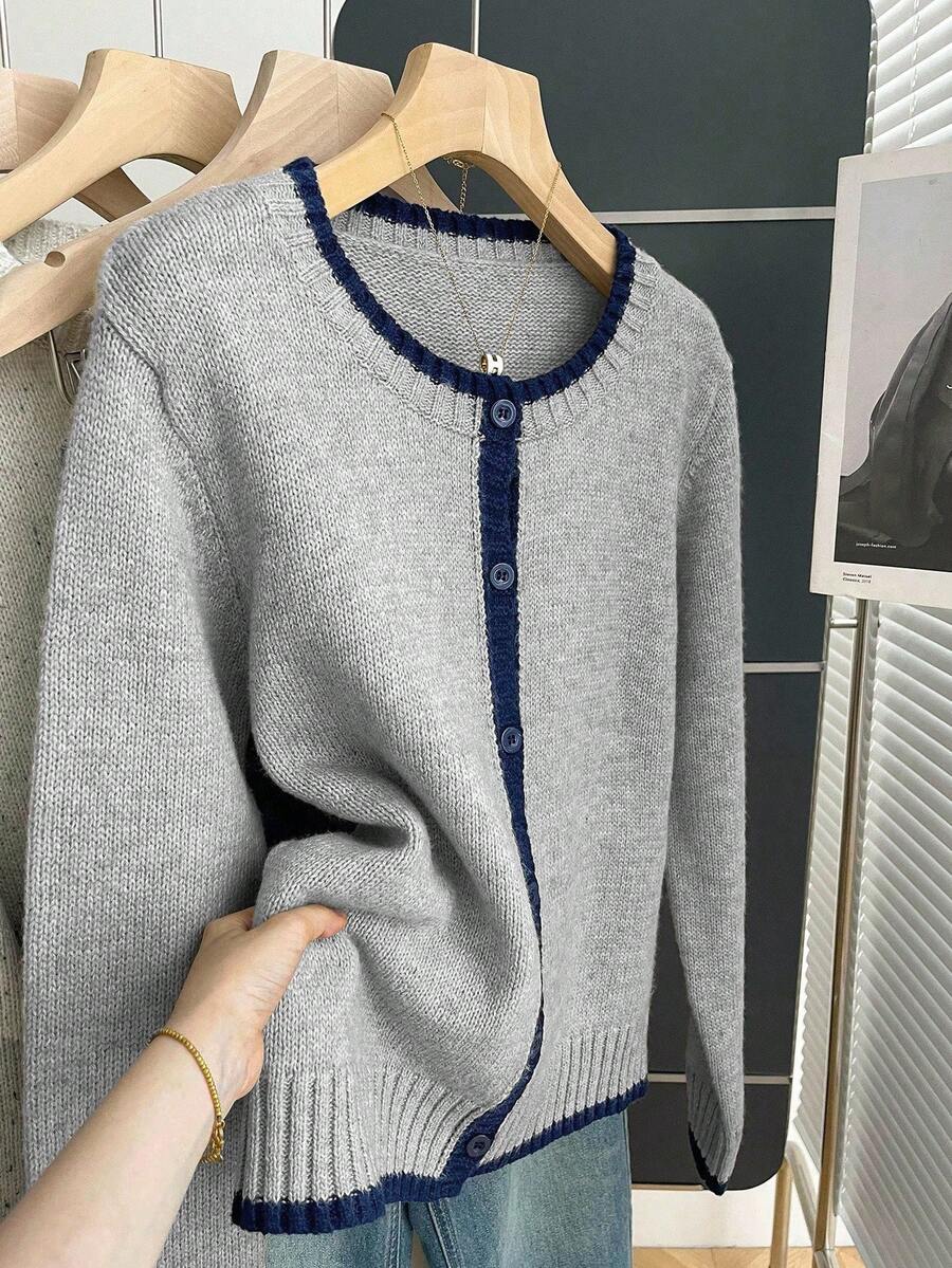 Franclia Cárdigan de punto holgado de cuello redondo de manga larga con ribete de contraste, estilo retro francés para mujer, otoño/invierno - Gris Claro - Ver 1