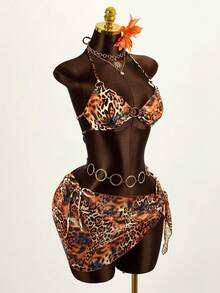 Mistrie Bộ bikini gợi cảm buộc dây cổ họa tiết da báo dành cho nữ mùa hè, kèm áo khoác ngoài và váy. - Nhiều màu - Xem 3