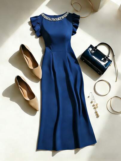  Franclia Women's Spring/Summer Round Neck Heavy Embellished Three-Tiered Beaded Flounce Sleeve Blue Long Dress, Pearl Dress, Vacation Dress, Beachwear Dress, Party Dress, Romantic Date Dress, Everyday Commuter Dress, Elegant Dresses For Party, Beach Dress, Going Out Dresses, Elegant Dresses For Women, Vacation Dresses, Casual Long Dresses, Luxury Dresses