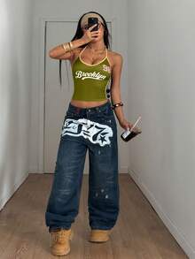 StreetHx 女士橄榄绿露背短款上衣，撞色包边，Brooklyn & 98 图案印花，修身无袖，Y2K E-Girl 夏季休闲度假街头风上衣 - 軍綠色 - 查看 3