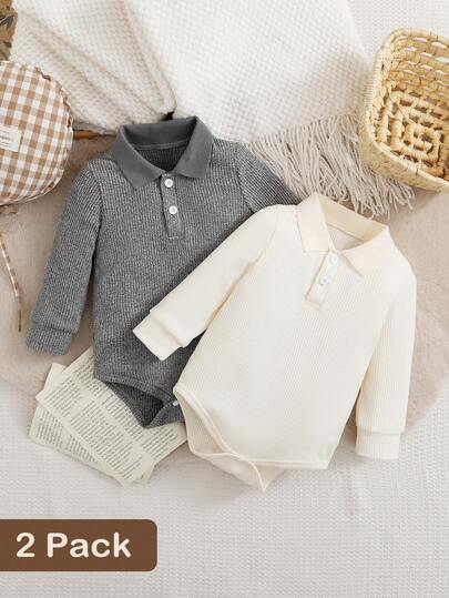 SHEIN 2件套男婴休闲日常通勤简约纯色Polo领罗纹针织连体衣，春秋季