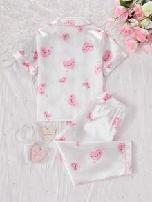 Set de 2 piezas de pijama casual de niña joven con cárdigan de manga corta y pantalones con estampado de corazón y cinta de satén color rosa claro - Blanco - Ver 2