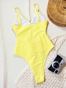 Swim SXY Bộ bikini liền thân mùa hè màu đen với dây đeo dày, khoét lỗ, trang trí vòng xoắn kim loại, kiểu dáng thường ngày, thích hợp đi biển cho nữ. - Màu vàng - Xem 2