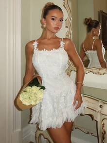 Glamine Charm Lace Embroidery Hollow-Out, Exquisite Elegant Luxury White Spaghetti Strap Dress For Women - White - View 2