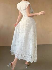 DAZY 女士优雅蕾丝领无袖长裙，夏季婚礼宾客礼服 - 白色 - 查看 2