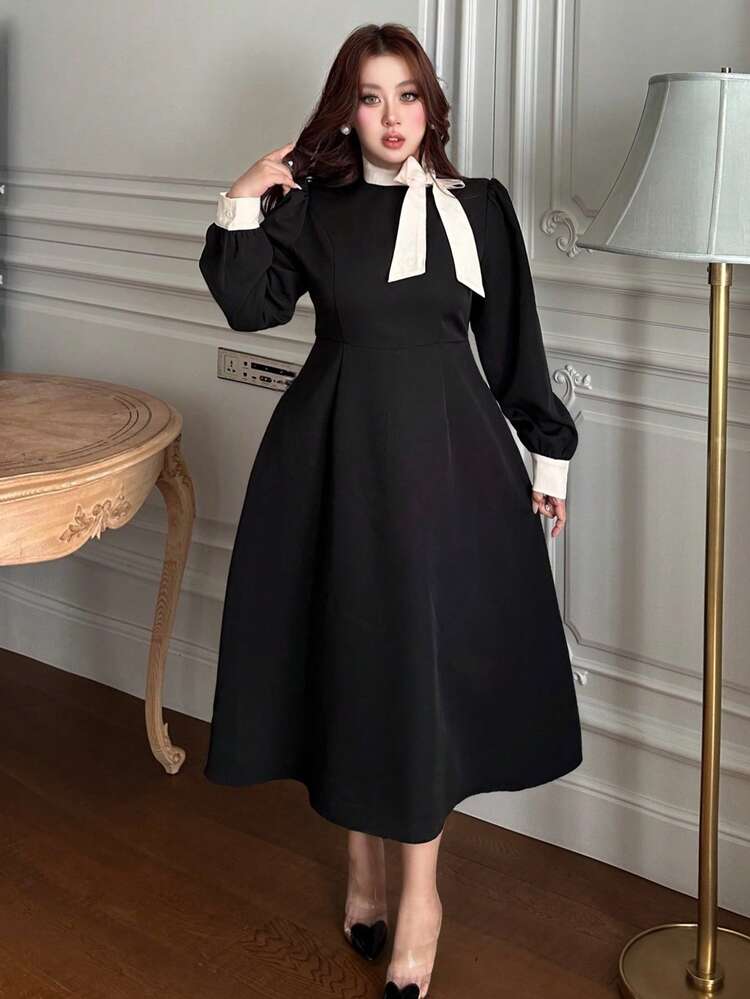 Dazy Plus Plus Size Contrast Color Lace-Up Waist Fitted Elegant Long Dress, Suitable For Date, Work Commute, Black Sundress