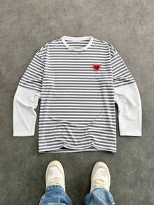 Manfinity BRENVOR Men's Heart Embroidery Striped Crew Neck 2 In 1 Knit Long Sleeve T-Shirt - Light Grey - View 1