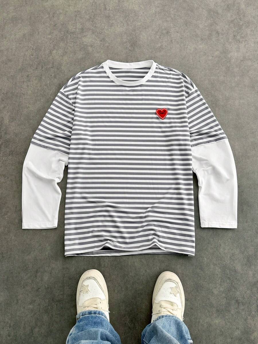 Manfinity BRENVOR Men's Heart Embroidery Striped Crew Neck 2 In 1 Knit Long Sleeve T-Shirt - Light Grey - View 1