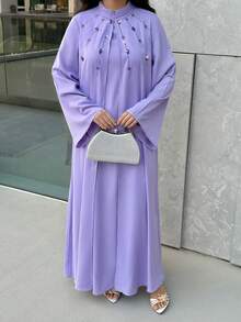 Al Najma 女士彩色水钻装饰立领长袖优雅阿拉伯风格连衣裙 - 紫色 - 查看 7