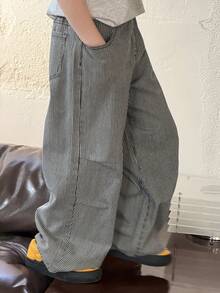 DAZY 青少年男童条纹口袋休闲百搭日常阔腿牛仔裤 - 藍色 - 查看 4