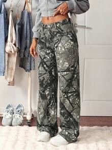 SHEIN Tall Quần jeans ống đứng cạp cao in họa tiết lá phong rằn ri, đã qua xử lý giặt, màu bạc. - Nhiều màu - Xem 4