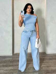 SHEIN SXY 女士性感优雅简约不对称单肩露肩上衣，夏季休闲百搭衬衫 - 藍色 - 查看 4