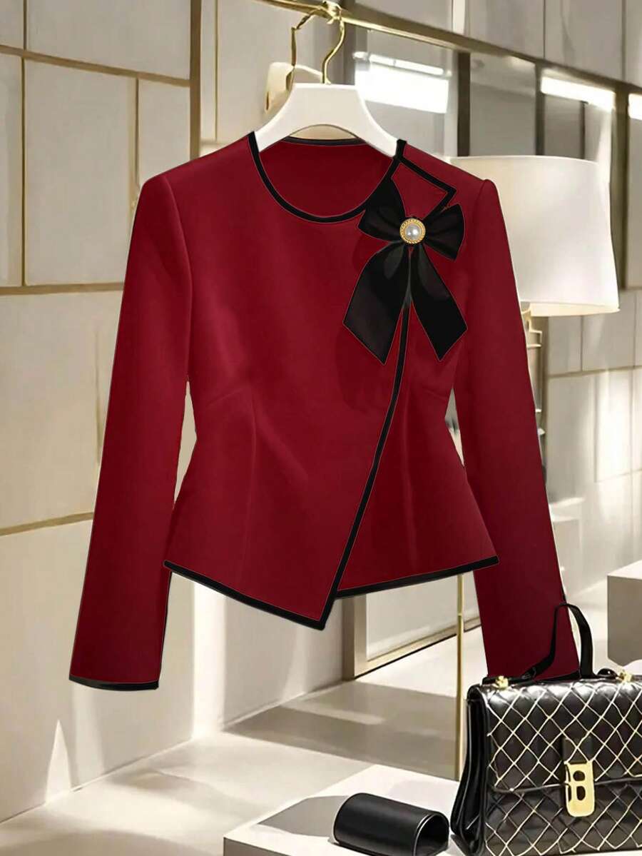 Franclia 大码女士优雅蝴蝶结袖口长袖衬衫，不对称下摆设计，百搭叠穿单品，适合办公和休闲场合穿着。 - 紅色 - 查看 1