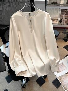 EMERY ROSE Plus Size Women's Solid Color Keyhole Neck Long Sleeve Loose Fashion Blouse - Apricot - View 1